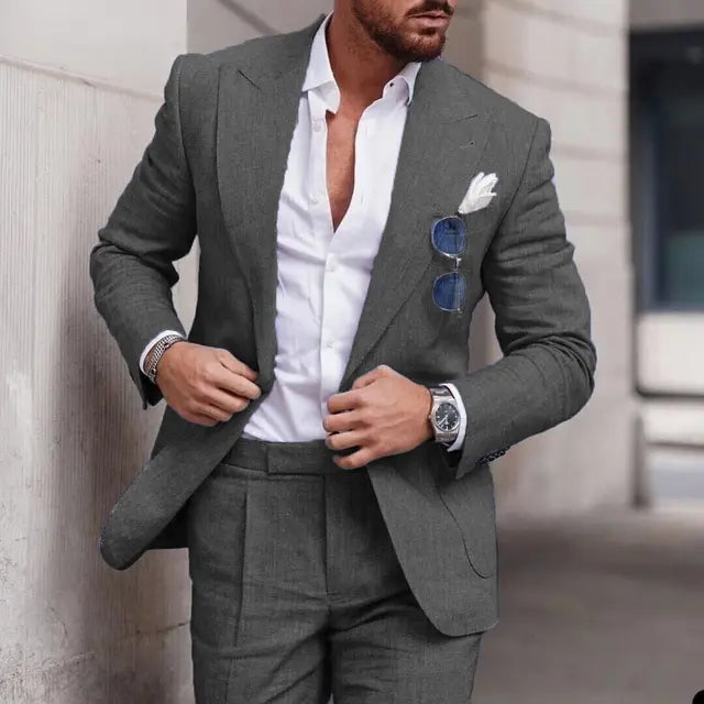 NuptialWeave™ | Men's Linen Wedding Suit 2-Piece Set | Single Breasted, Breathable Fabric & Tailored Fit