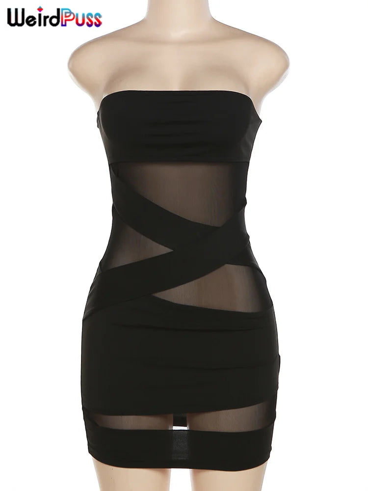 Midnight Muse™ | Women's Strapless Mini Dress | Patchwork Mesh, Sleeveless Design & Bodycon Fit