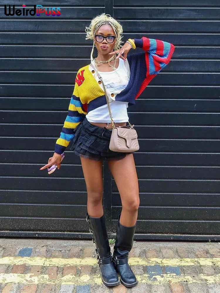Knit Vibe™ | Women's Y2K Cardigan Sweater | Colorful Patchwork, V-Neck Design, Casual Button-Up Knit Coat