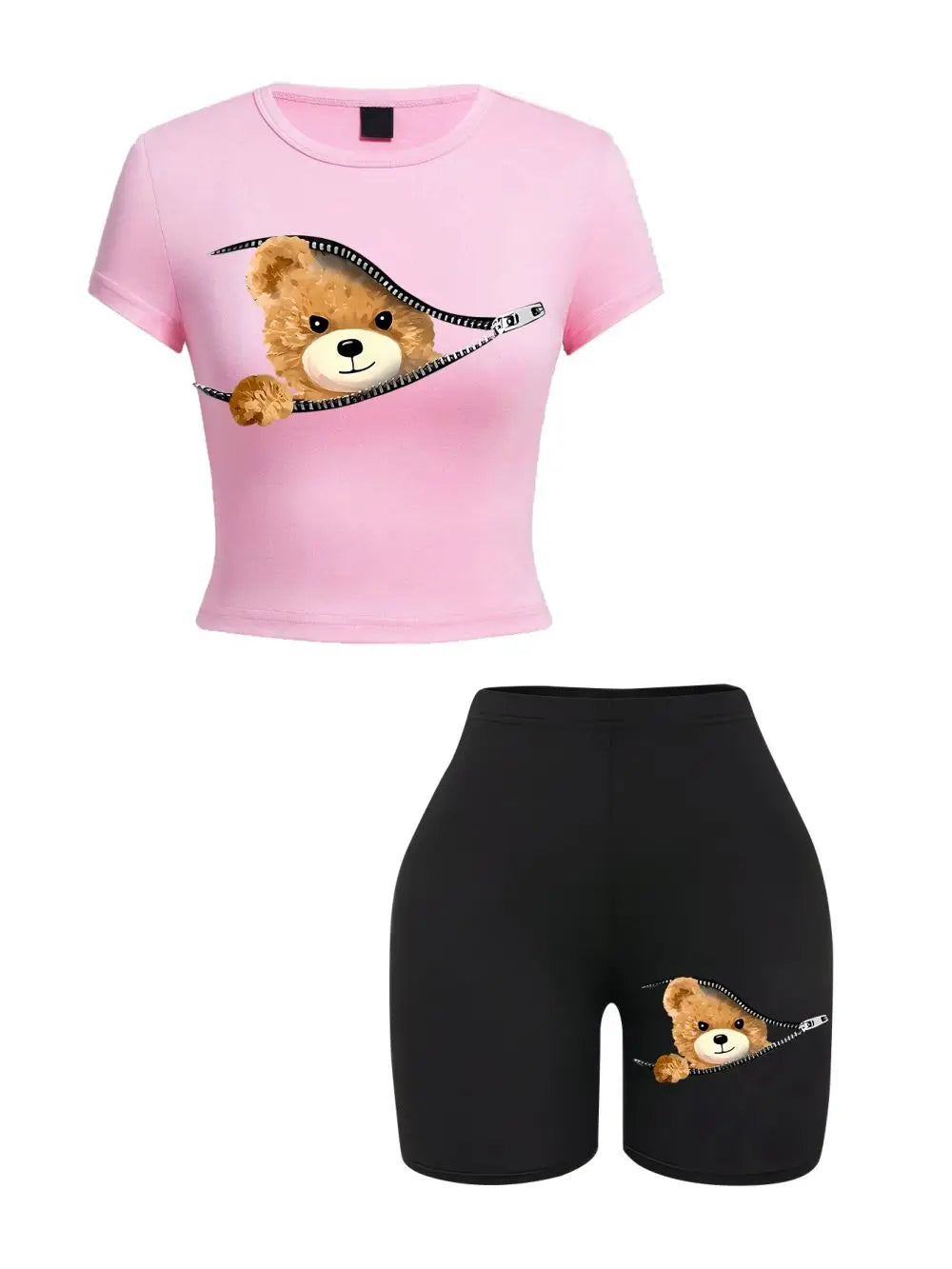 Teddy Zipper™ | Women's Slim Crop T-Shirt & Shorts Set | High Elastic, Soft Fabric, Sporty Design