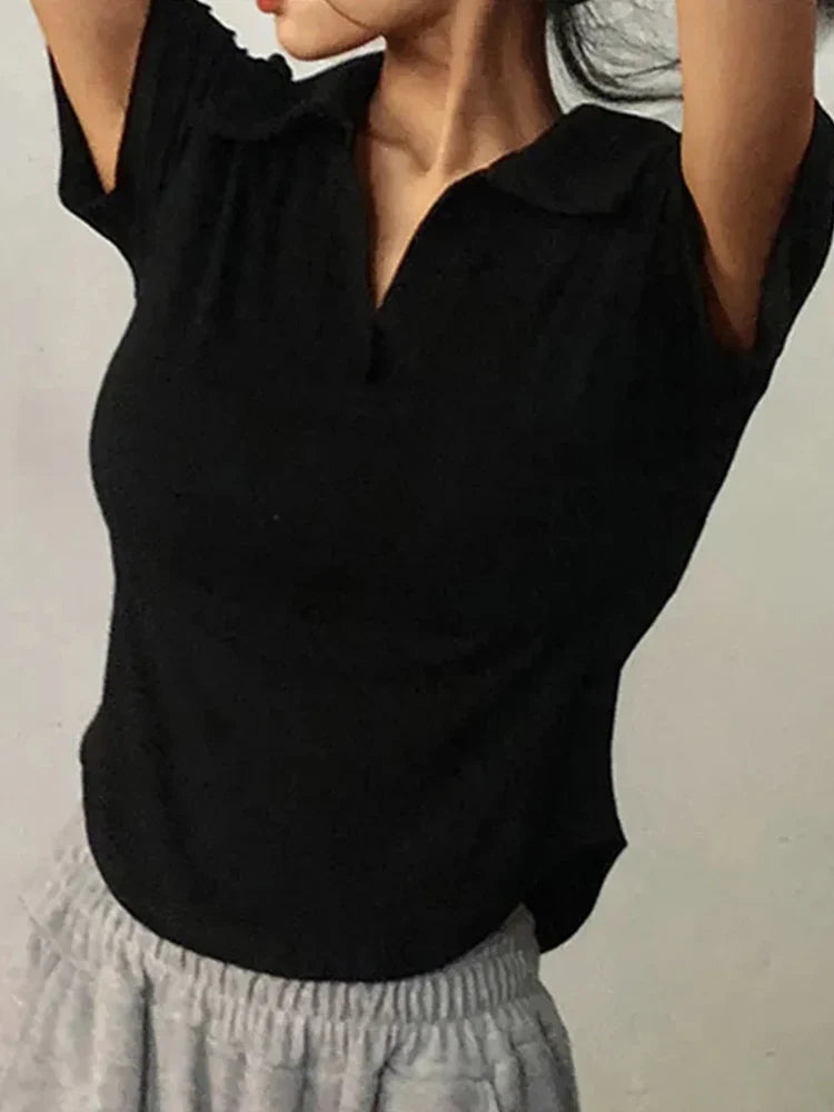 Retro Chic™ | Women's V-Neck Crop Top | Solid Color, Short Sleeve, Lightweight Pullover for Summer Style