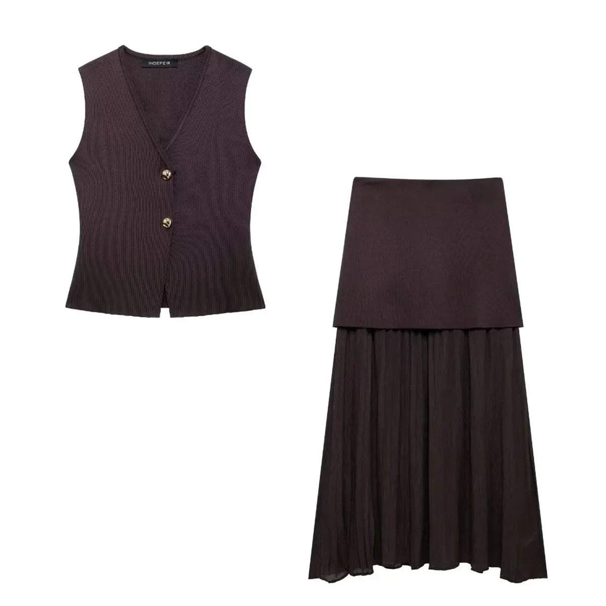 Vesta Luxe™ | Women's 2-Piece Set | Knitted V-Neck Vest Top & High Waist Ankle-Length Skirt with Side Zipper