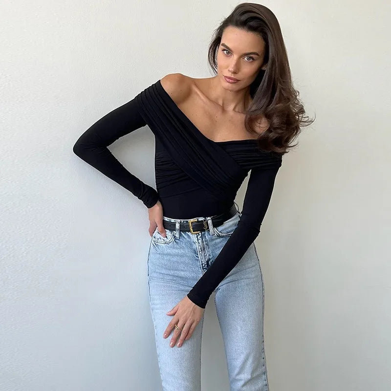 BodySuit Noir™ | Women's Off-Shoulder Bodysuit | Black Cross-Front, Long Sleeve, Skinny Fit Streetwear for Fall
