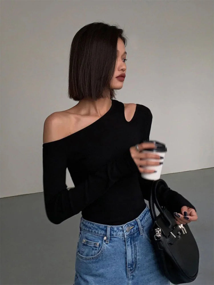 Off-Shoulder Aura™ | Women's Slim Fit Crop Top | Solid Color, Long Sleeves, Hollow Out Design for Spring Style