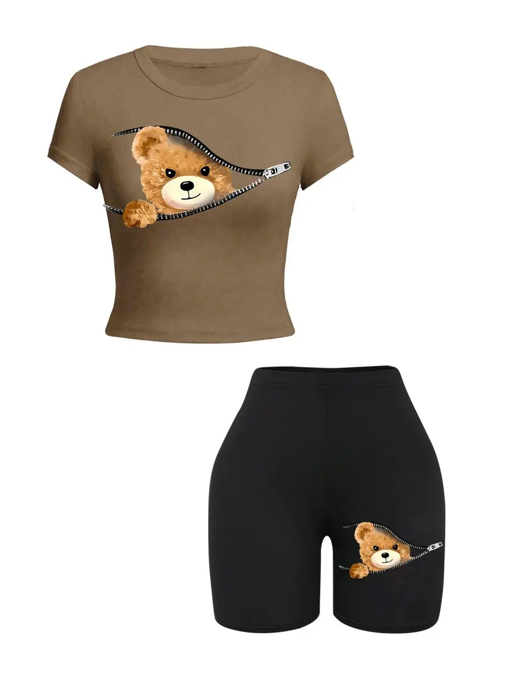 Teddy Zipper™ | Women's Slim Crop T-Shirt & Shorts Set | High Elastic, Soft Fabric, Sporty Design
