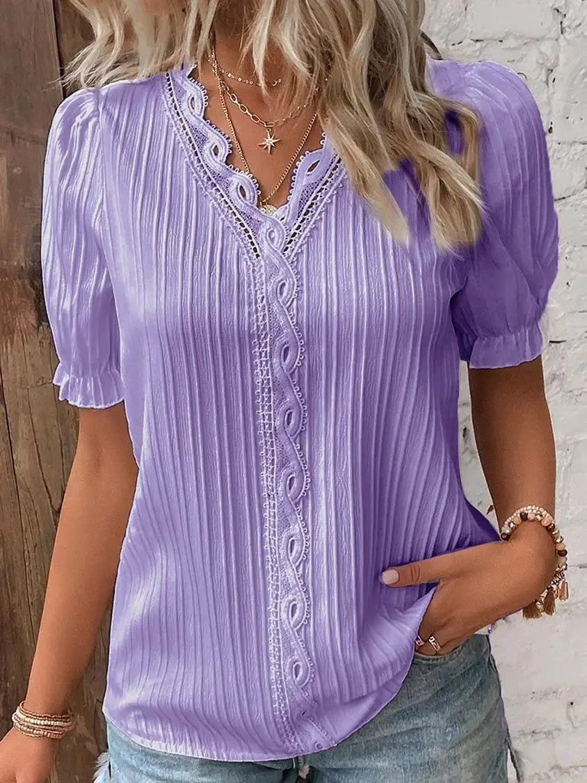 Violet Lace™ | Women's Plus Size Blouse | Short Sleeve, V-Neck, Solid White Lace Trim, Casual Fit