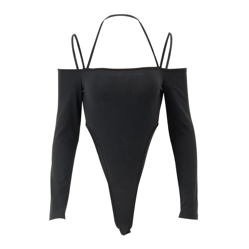 Bodysuit Aesthetic™ | Women's Off-Shoulder Halter Bodysuit | Long Sleeve, Slim Fit, Spaghetti Straps for Party & Clubwear