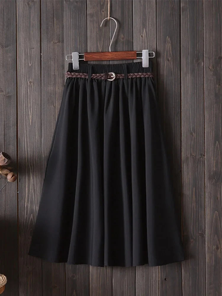Korean Belle™ | Women's Midi A-Line Skirt | High Waist, Pleated Design, Belt Included for Summer Style