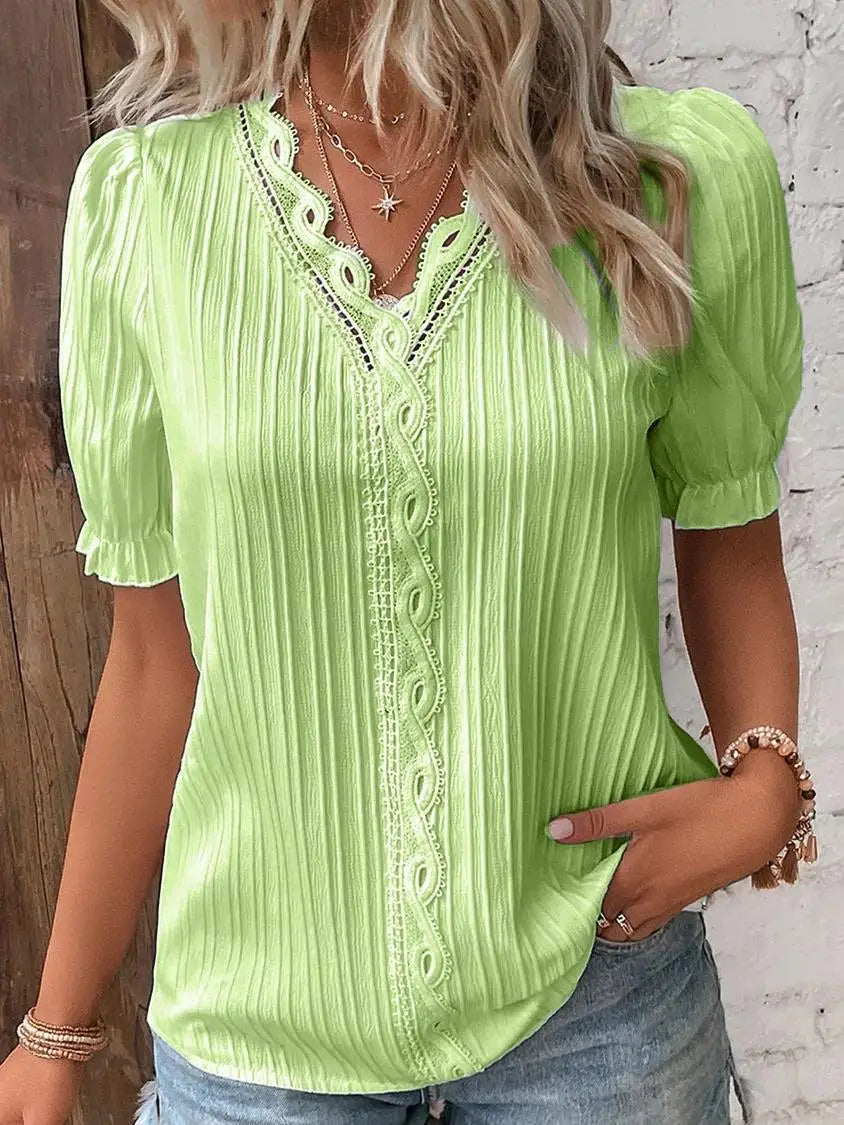 Violet Lace™ | Women's Plus Size Blouse | Short Sleeve, V-Neck, Solid White Lace Trim, Casual Fit