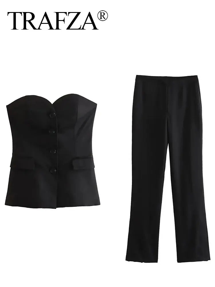 Glind™ | Women's Solid Pant Suit Set | Strapless Tank Top & Side Slit Trouser, Stylish Streetwear Ensemble