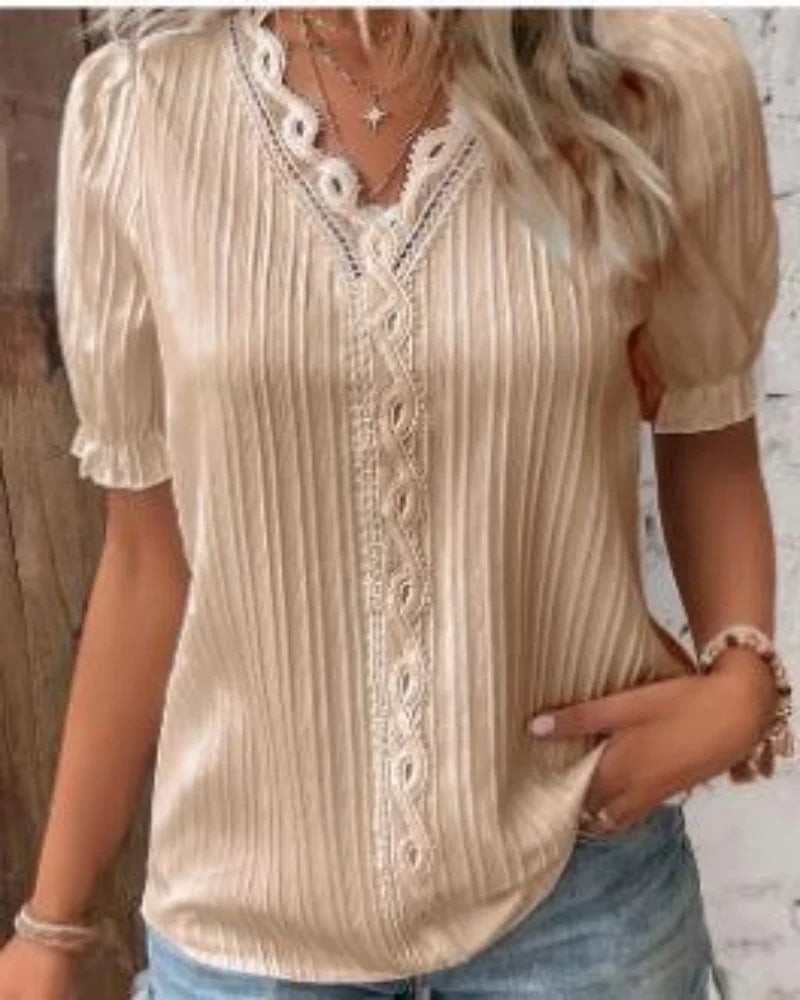 Violet Lace™ | Women's Plus Size Blouse | Short Sleeve, V-Neck, Solid White Lace Trim, Casual Fit