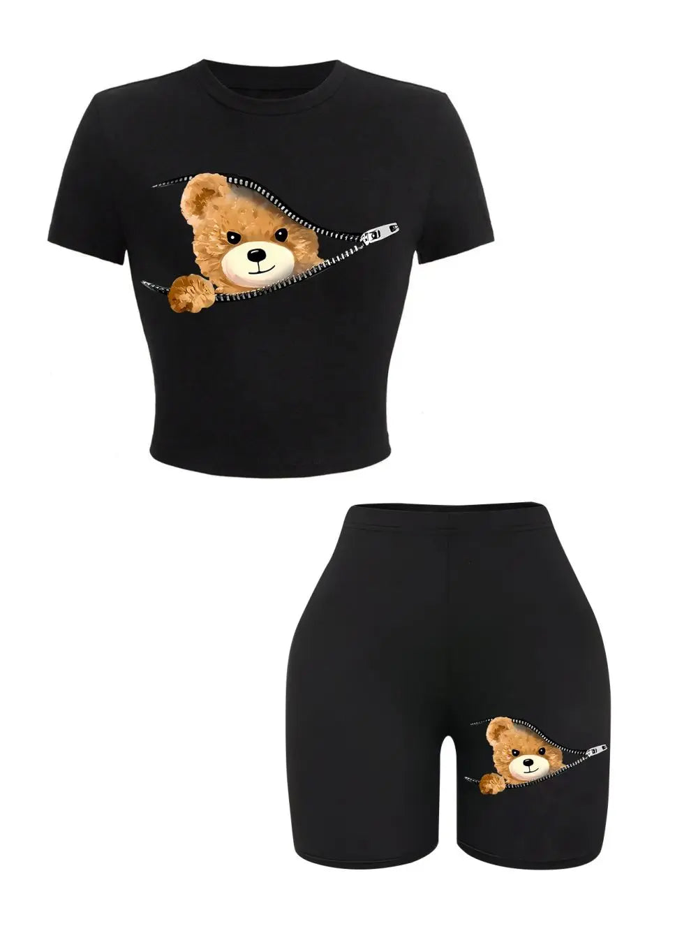 Teddy Zipper™ | Women's Slim Crop T-Shirt & Shorts Set | High Elastic, Soft Fabric, Sporty Design