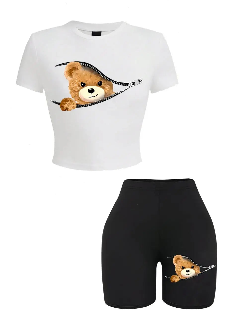 Teddy Zipper™ | Women's Slim Crop T-Shirt & Shorts Set | High Elastic, Soft Fabric, Sporty Design
