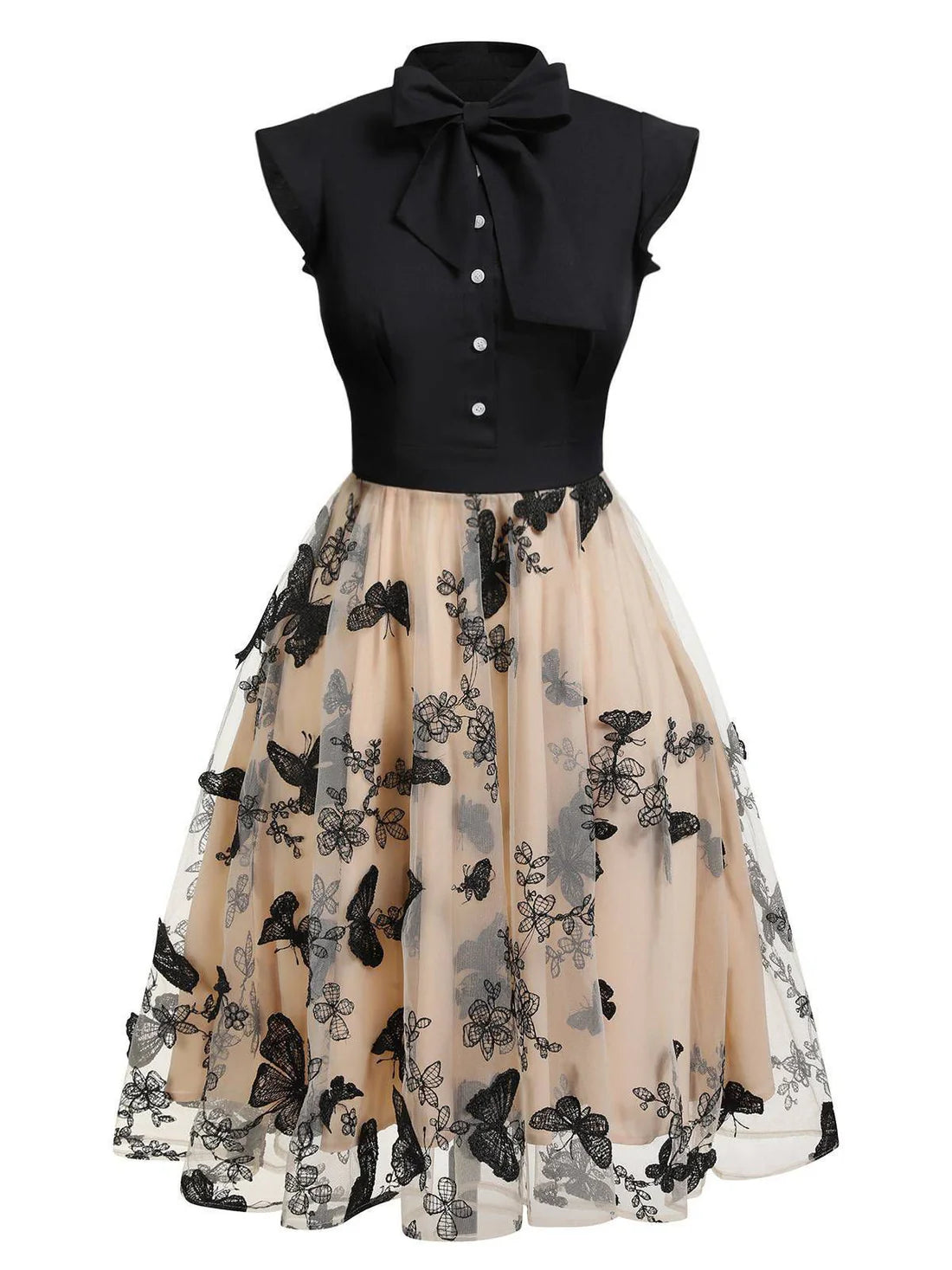 Vintage Belle™ | Women's Black Butterfly Patchwork Dress | Retro Style, Lightweight Fabric & Flattering Fit
