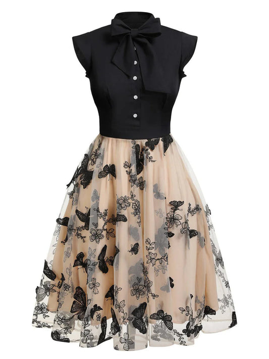 Vintage Belle™ | Women's Black Butterfly Patchwork Dress | Retro Style, Lightweight Fabric & Flattering Fit