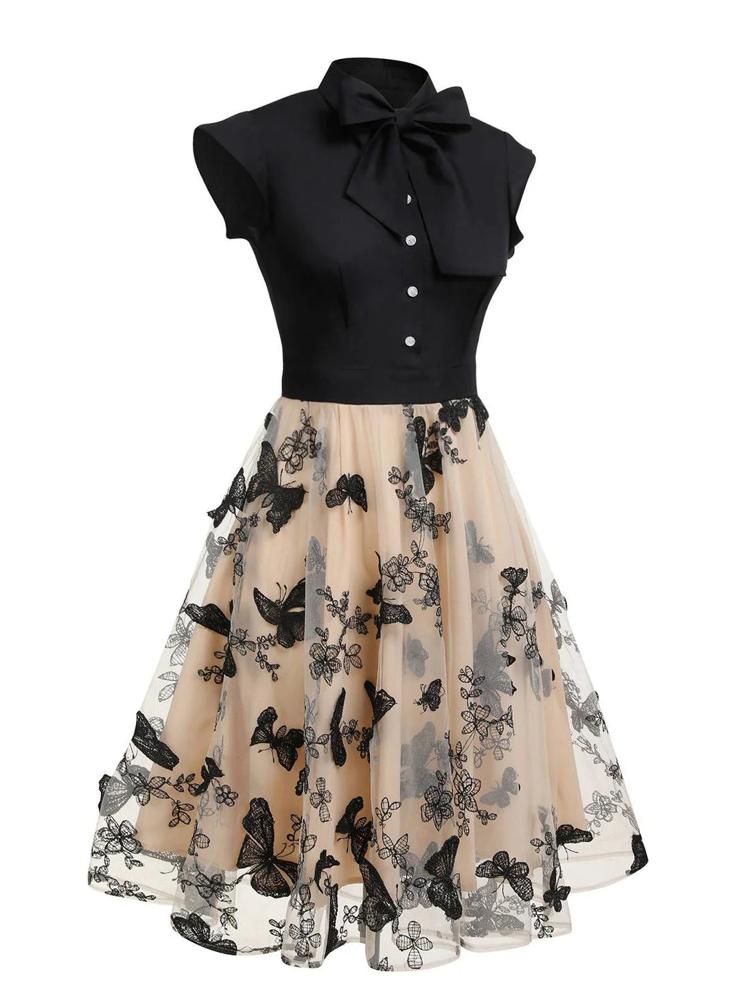 Vintage Belle™ | Women's Black Butterfly Patchwork Dress | Retro Style, Lightweight Fabric & Flattering Fit