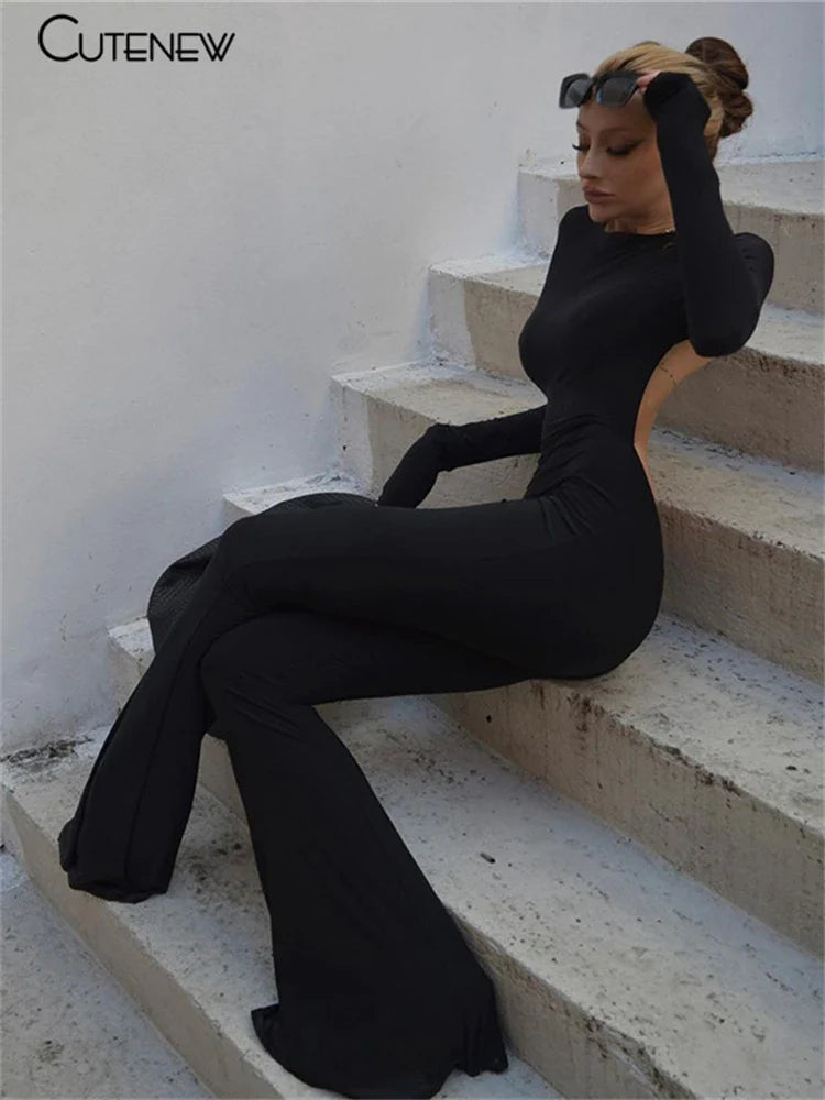 Bodycon Noir™ | Women's Backless Wide Leg Jumpsuit | Solid Black, Long Sleeve, Casual Autumn Style