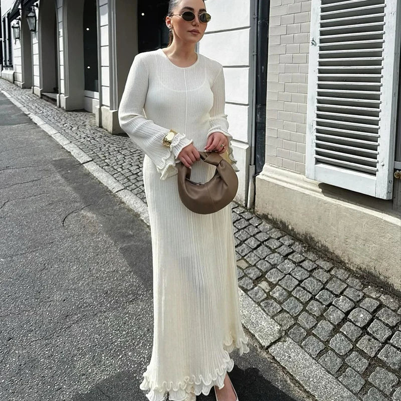 Ruffle Belle™ | Women's Pleated Long Dress | White, O-Neck, Flare Design for Autumn & Winter Fashion