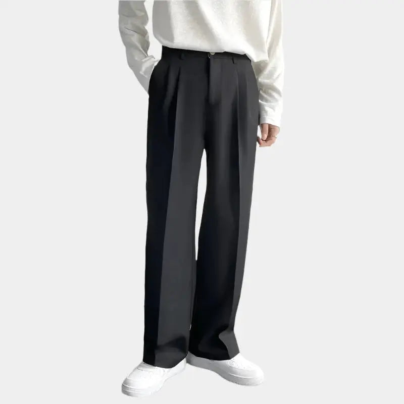 Dresvik | Mens Pleated Wide Leg Trousers Loose Fit Black, Grey & White Smart Slacks for Retro, Korean & Formal Outfits