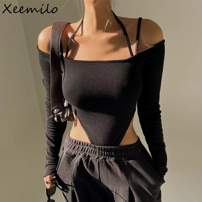 Bodysuit Aesthetic™ | Women's Off-Shoulder Halter Bodysuit | Long Sleeve, Slim Fit, Spaghetti Straps for Party & Clubwear