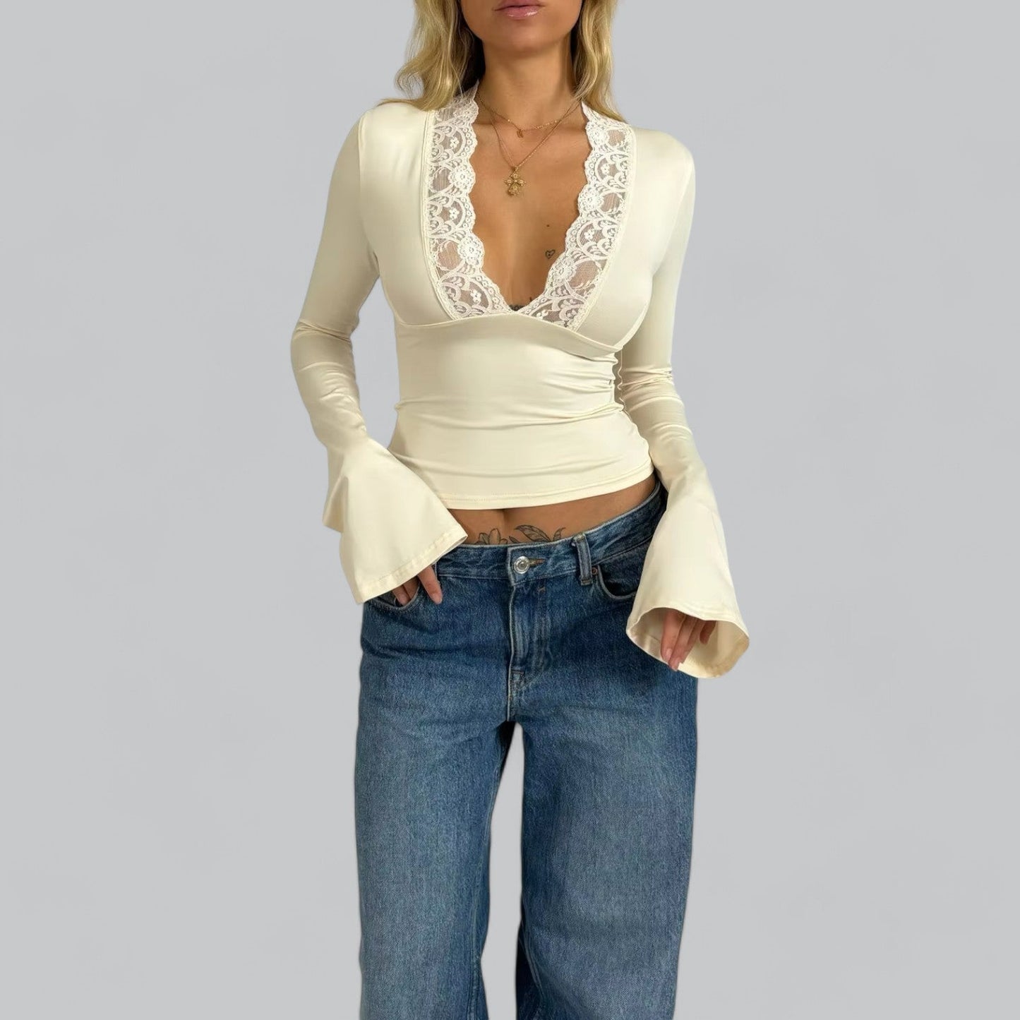 Low-Cut V-Neck Flare Lace Long Sleeve Shirt | Women's Fashion Top, Lightweight, Stylish Design for Everyday Wear