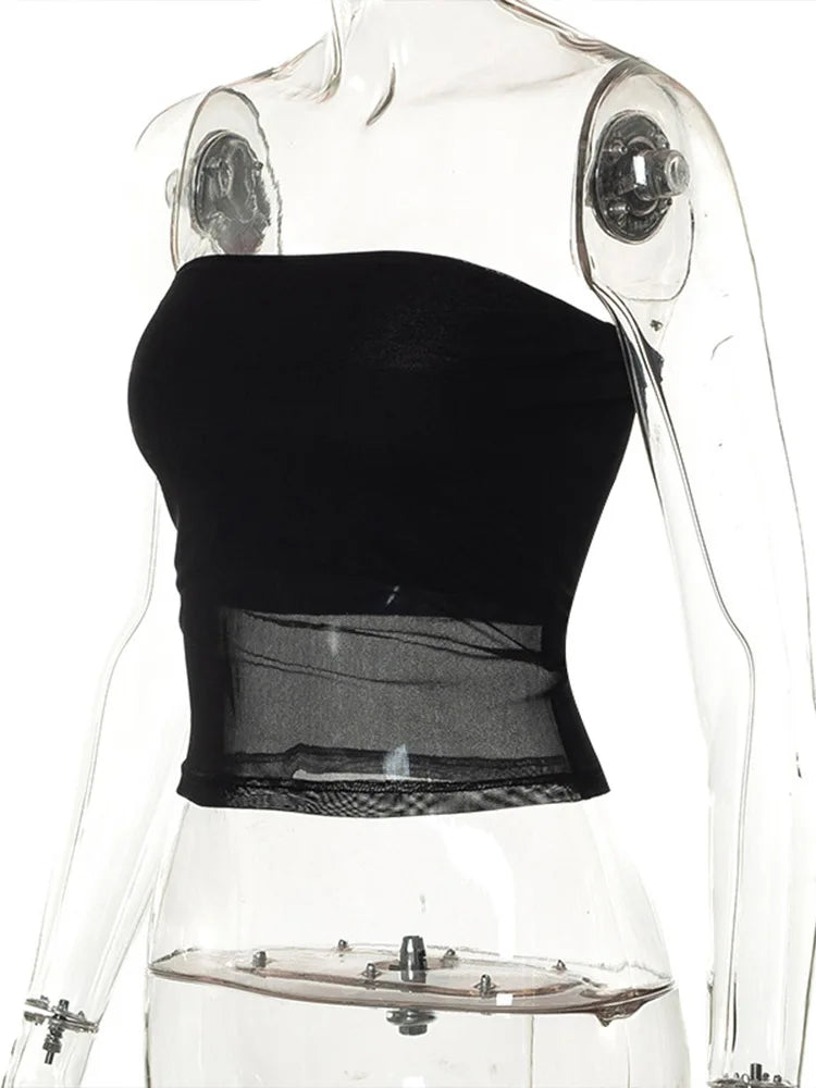 Corset Noir™ | Women's Mesh Crop Top | Patchwork Design, Off-Shoulder, Sleeveless Summer Streetwear
