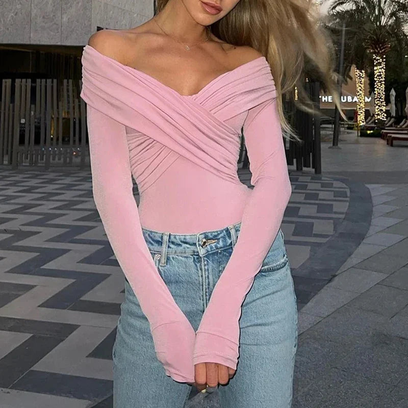 BodySuit Noir™ | Women's Off-Shoulder Bodysuit | Black Cross-Front, Long Sleeve, Skinny Fit Streetwear for Fall