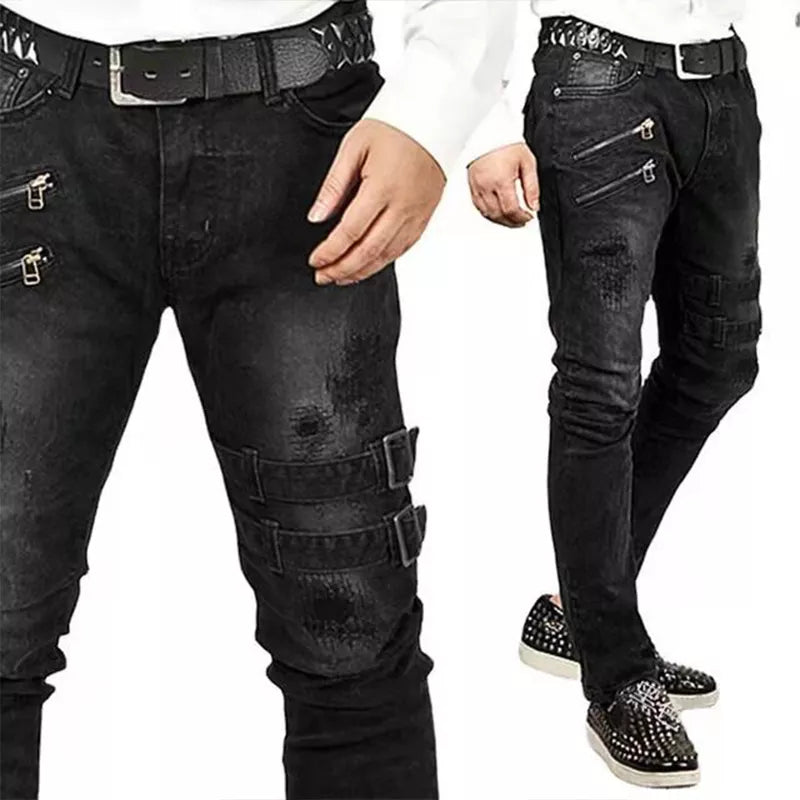 Biker Edge™ | Men's Ripped Skinny Jeans | Punk Style, Buckle Detail, Stretch Fabric for Comfort