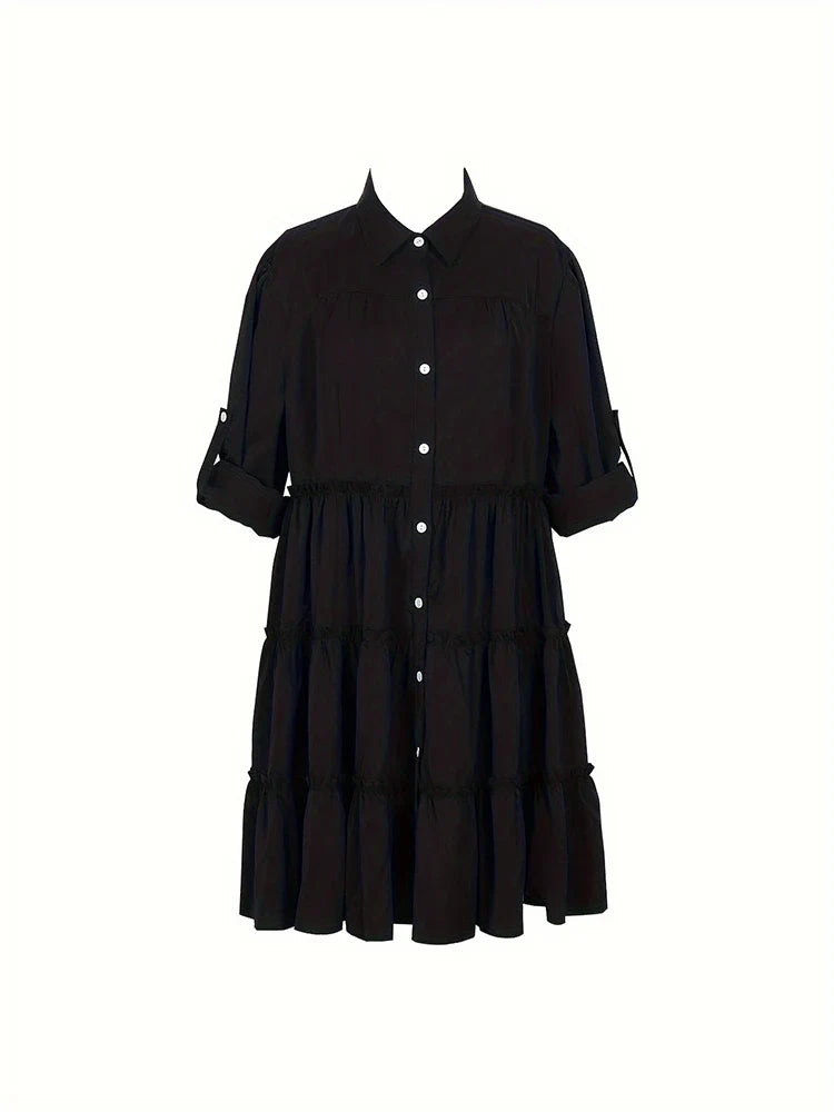 Luxe Aura™ | Plus Size Women's Casual Button Dress | Loose Fit, Flip Lapel, Pleated Design for Spring & Summer