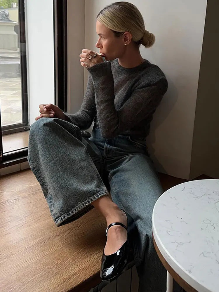 Knit Aura™ | Women's Thin Knitted Sweater | Solid Round Neck, Long Sleeve Pullover for Autumn 2024 High Street Style
