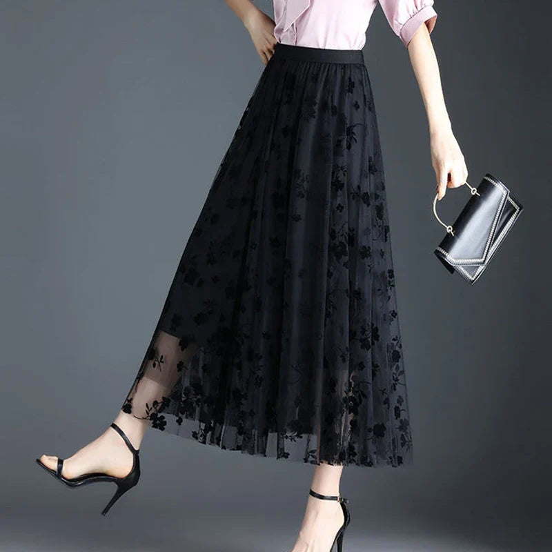 Tulle Blossom™ | Women's Midi Tulle Skirt | Floral Design, Lightweight Mesh, Casual & Versatile Summer Wear