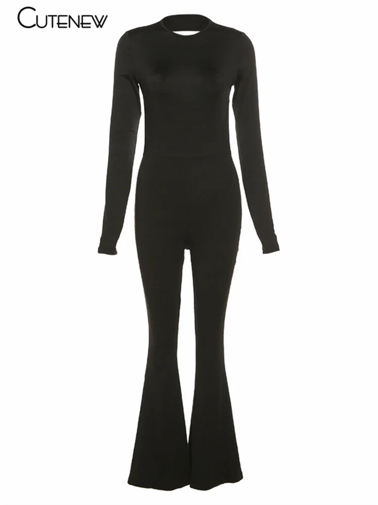 Bodycon Noir™ | Women's Backless Wide Leg Jumpsuit | Solid Black, Long Sleeve, Casual Autumn Style
