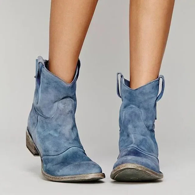 Rivara | Womens Western Ankle Cowboy Boots in Suede or Denim Round Toe Low Heel Style