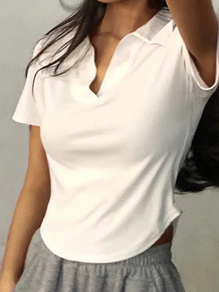Retro Chic™ | Women's V-Neck Crop Top | Solid Color, Short Sleeve, Lightweight Pullover for Summer Style