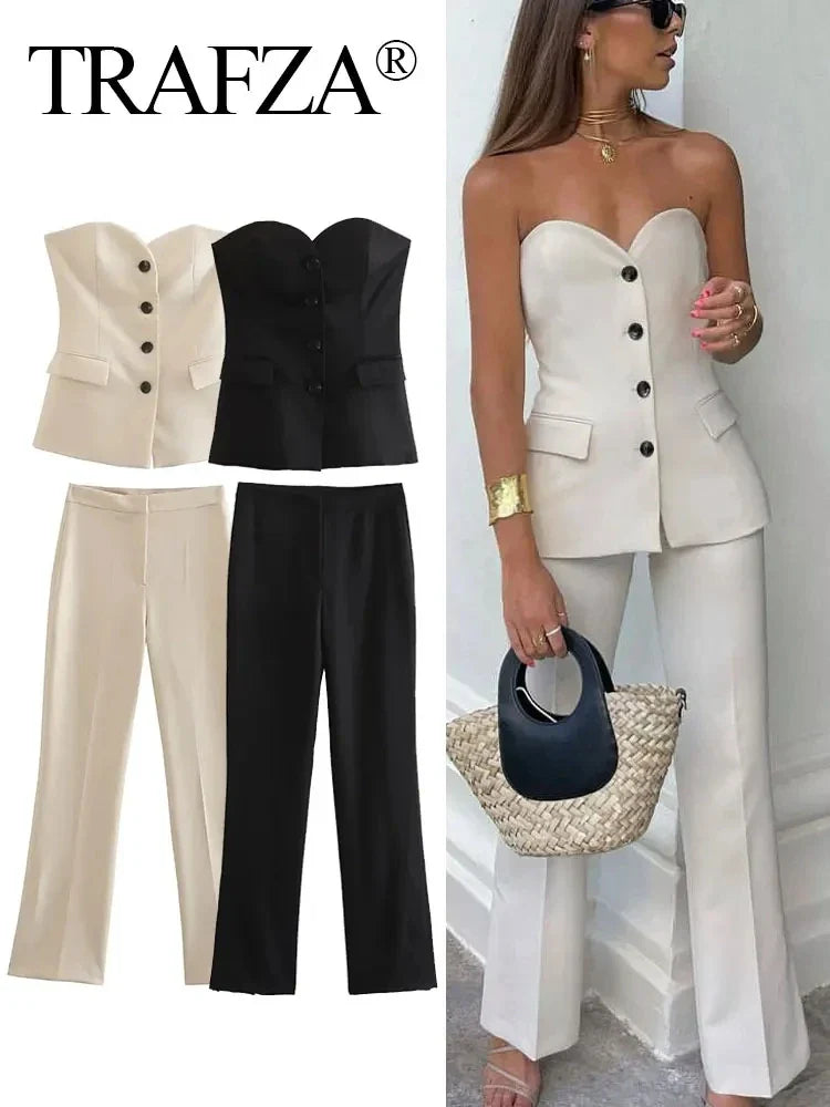 Glind™ | Women's Solid Pant Suit Set | Strapless Tank Top & Side Slit Trouser, Stylish Streetwear Ensemble