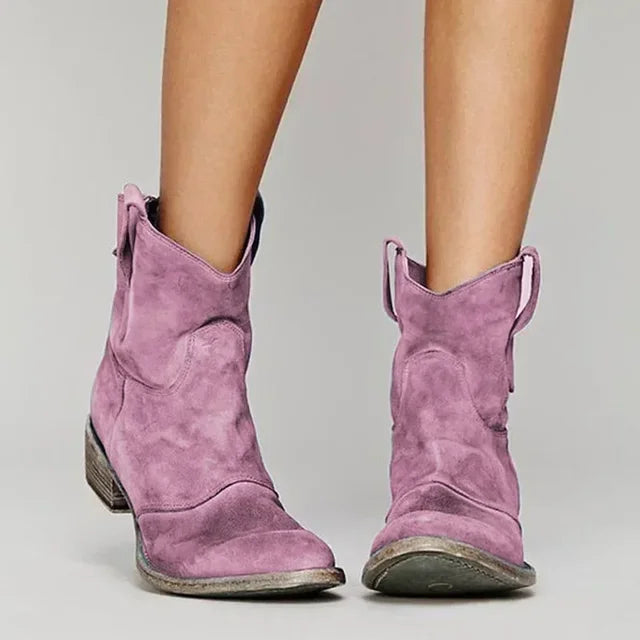 Rivara | Womens Western Ankle Cowboy Boots in Suede or Denim Round Toe Low Heel Style