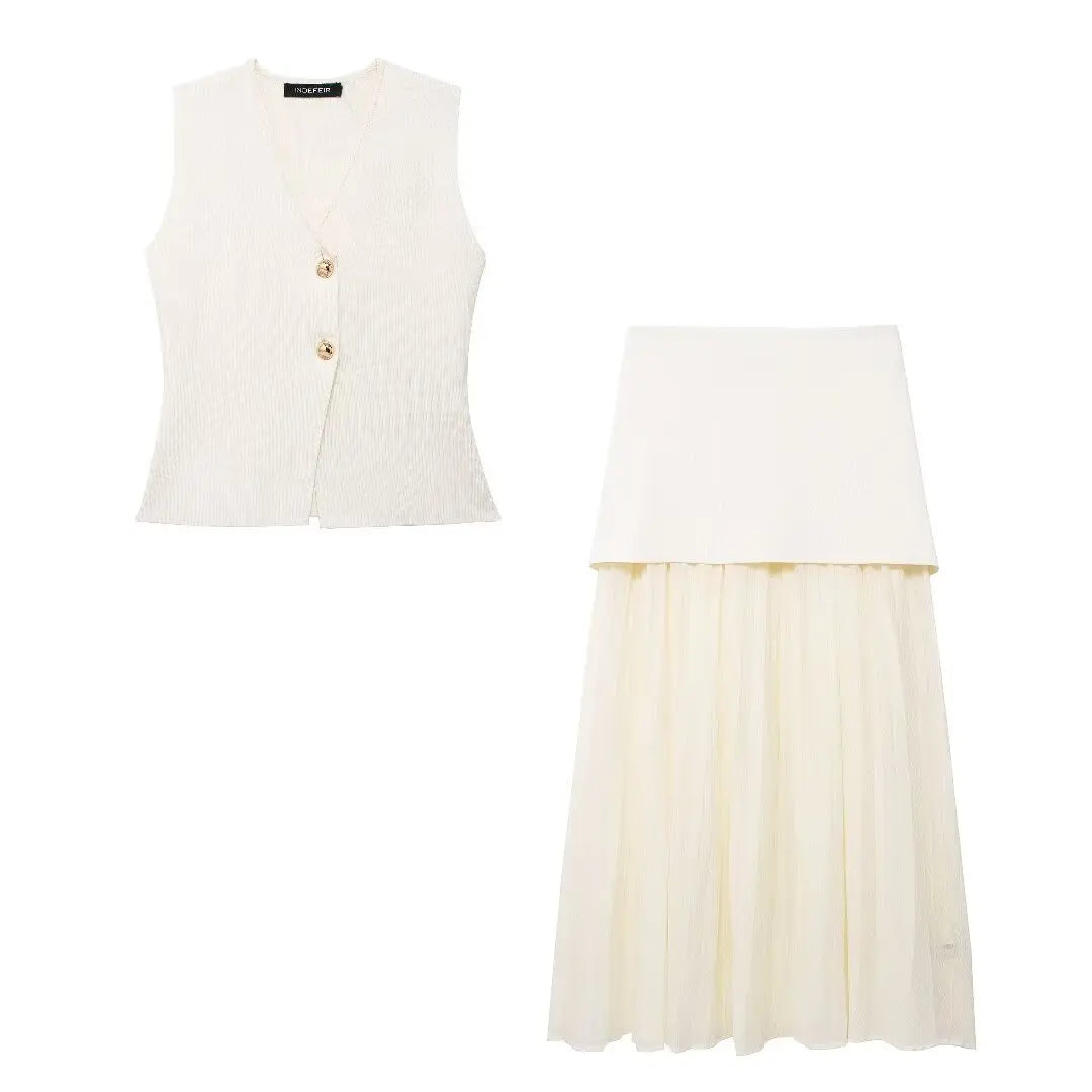 Vesta Luxe™ | Women's 2-Piece Set | Knitted V-Neck Vest Top & High Waist Ankle-Length Skirt with Side Zipper