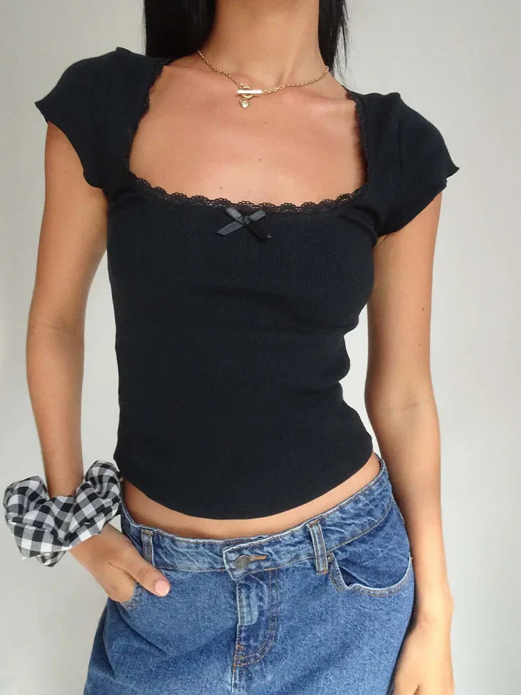 Cottage Lace™ | Women's Vintage Baby Tee | Knitted Cotton, Square Neck, Short Sleeve, Milkmaid Crop Top