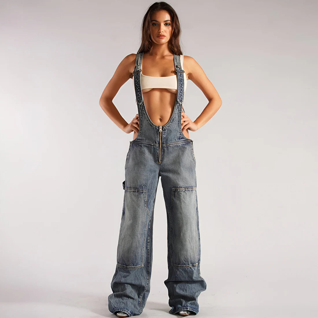 Overalls Luxe™ | Women's Sexy Plunge Denim Overalls | Distressed Design, Adjustable Straps, and Trendy Fit