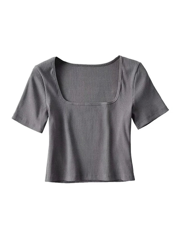Ribbed Aura™ | Women's Square Neck Crop T-Shirt | Soft Cotton, Short Sleeve, Stylish Ribbed Design