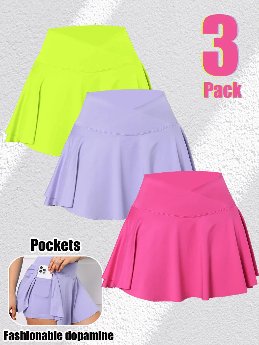 Dopamine Bliss™ | Women's Tennis Skirts | High V Waist, Pleated Design, 3-Pack with Pockets for Fitness & Outdoor Activities