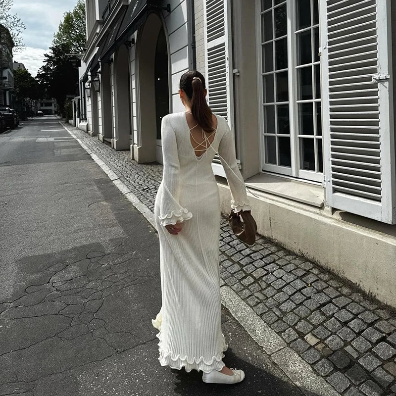 Ruffle Belle™ | Women's Pleated Long Dress | White, O-Neck, Flare Design for Autumn & Winter Fashion