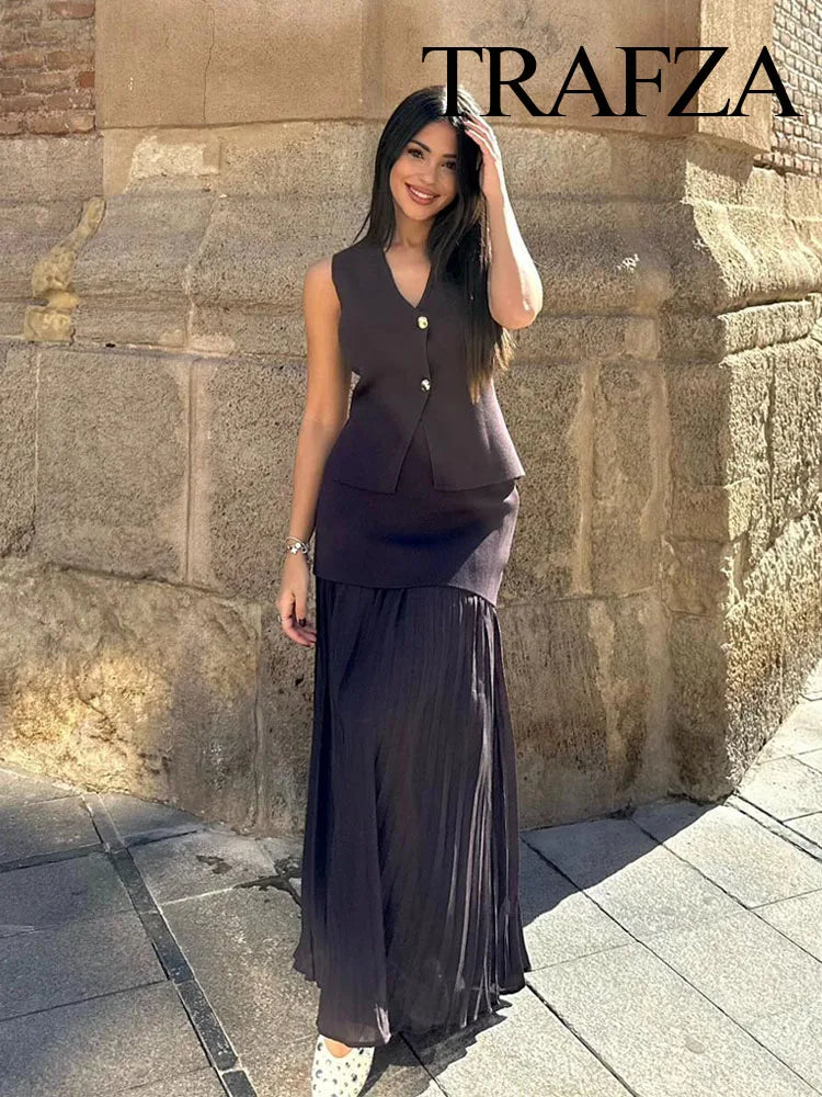 Vesta Luxe™ | Women's 2-Piece Set | Knitted V-Neck Vest Top & High Waist Ankle-Length Skirt with Side Zipper