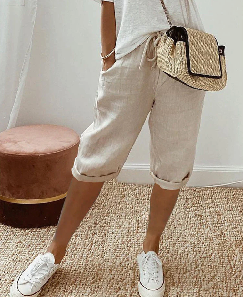 B&S | High-Waisted & Breathable Linen Shorts for Women – Stylish Knee-Length Trousers for Day-to-Night Wear