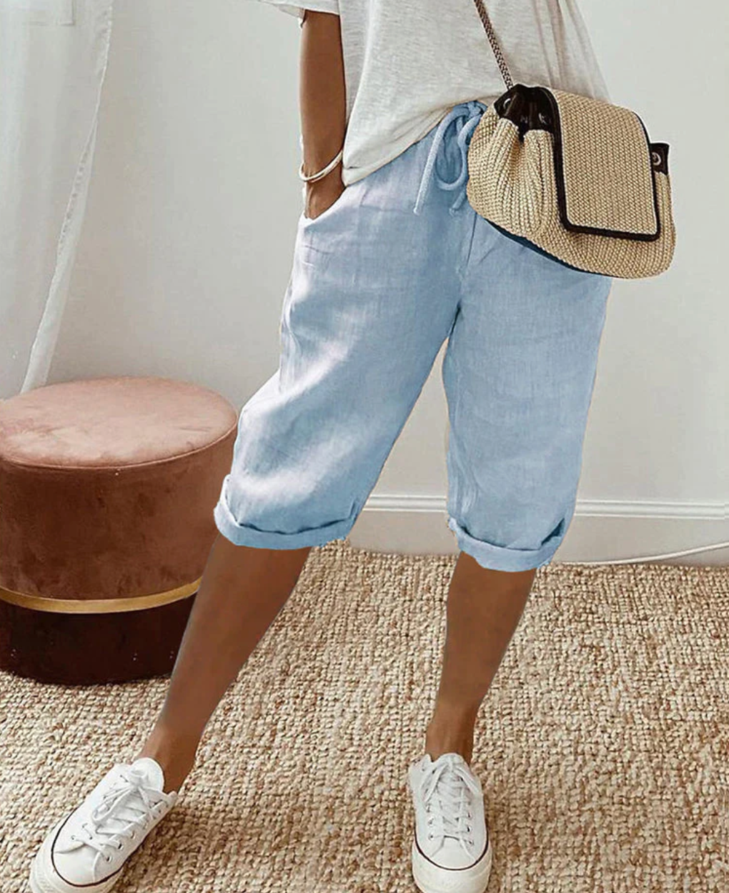 B&S | High-Waisted & Breathable Linen Shorts for Women – Stylish Knee-Length Trousers for Day-to-Night Wear