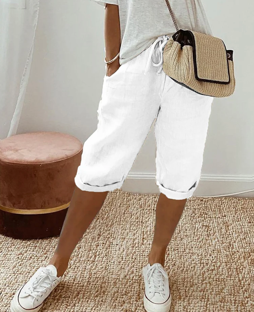B&S | High-Waisted & Breathable Linen Shorts for Women – Stylish Knee-Length Trousers for Day-to-Night Wear