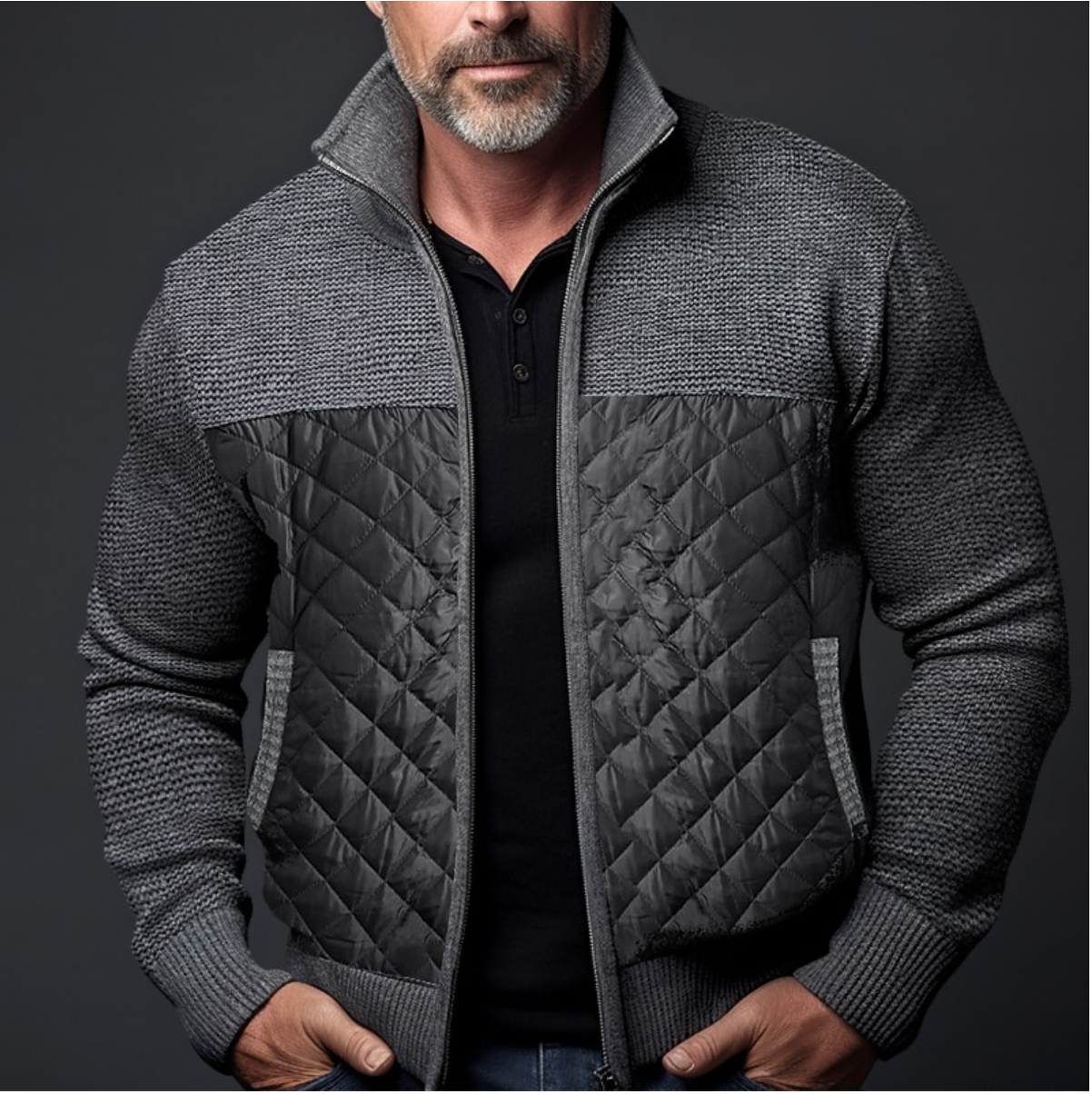 Quilted Luxe™ | Men's Quilted Jacket | Knitted Sleeves, Slim Fit, High Collar & Ribbed Cuffs