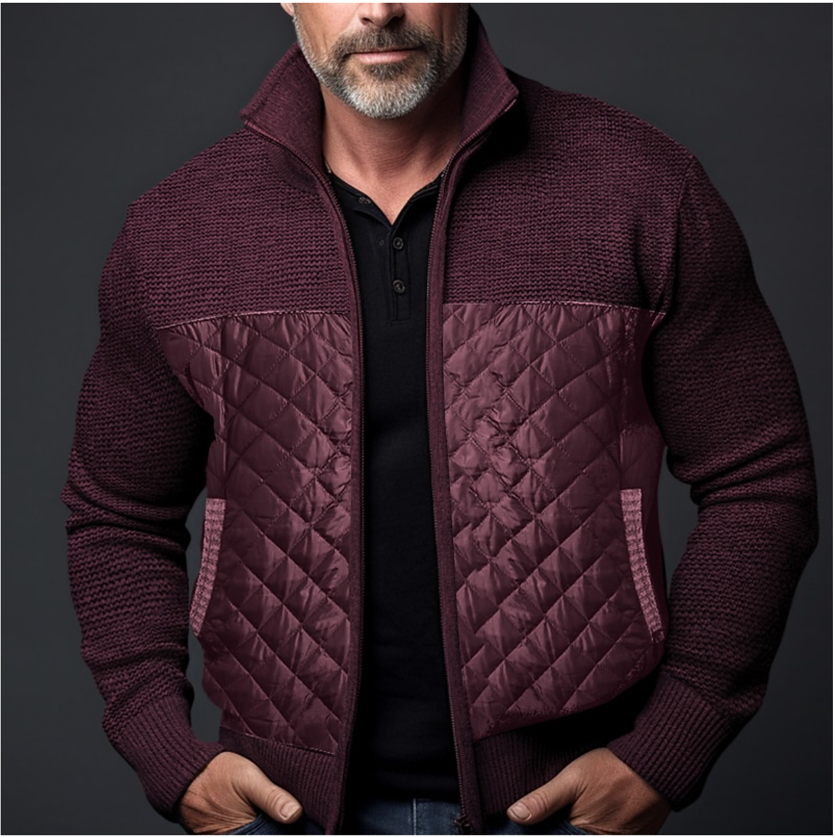 Quilted Luxe™ | Men's Quilted Jacket | Knitted Sleeves, Slim Fit, High Collar & Ribbed Cuffs