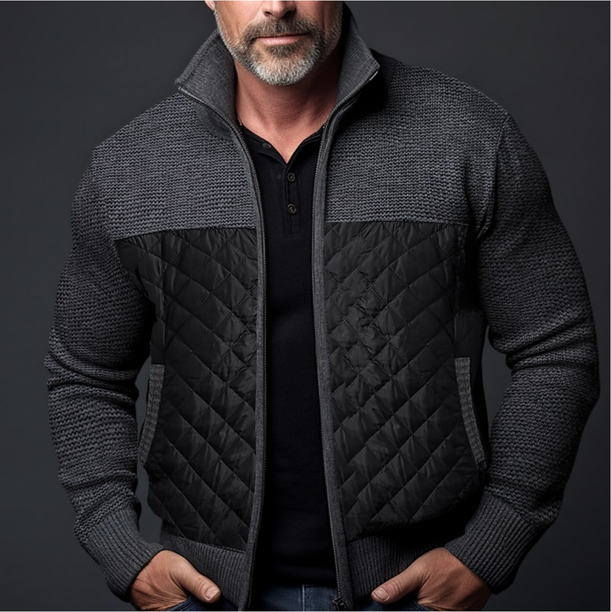 Quilted Luxe™ | Men's Quilted Jacket | Knitted Sleeves, Slim Fit, High Collar & Ribbed Cuffs