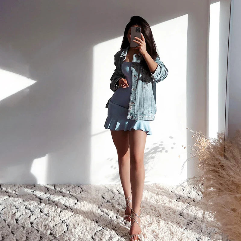 Satin Breeze™ | Women's Strapless Mini Dress | Soft Pleated Design, Light Blue Color, Perfect for Casual Outings